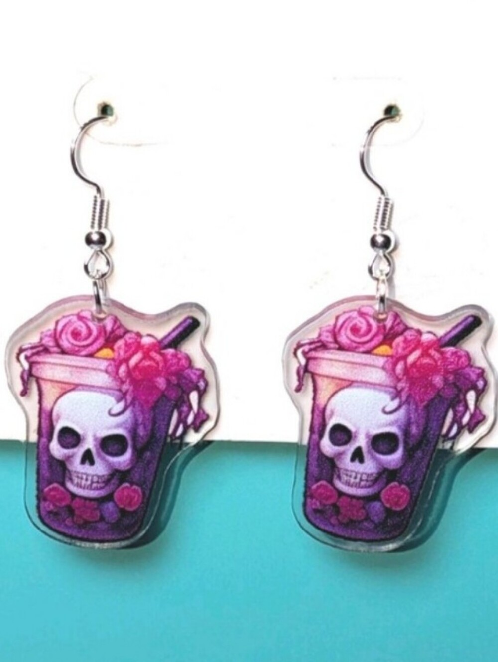 Purple Skull Flower Bubble Tea Dangle Earrings - Women Accessories